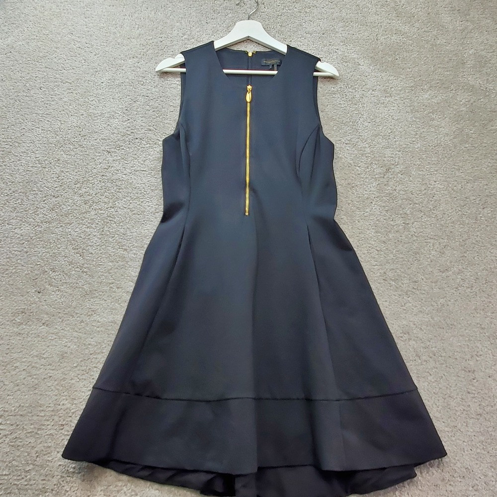 Donna Karan Fit and Flare Dress Womens Medium Black Gold Zip Ponte